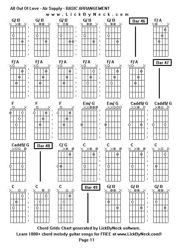 Chord Grids Chart of chord melody fingerstyle guitar song-All Out Of Love - Air Supply - BASIC ARRANGEMENT,generated by LickByNeck software.